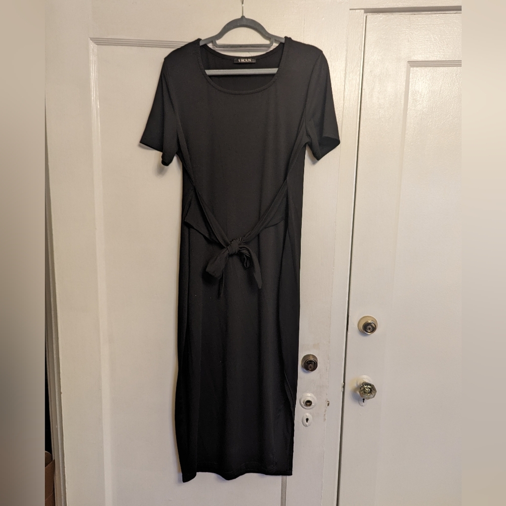 Women's black midi length stretch 35% cotton short sleeve dress